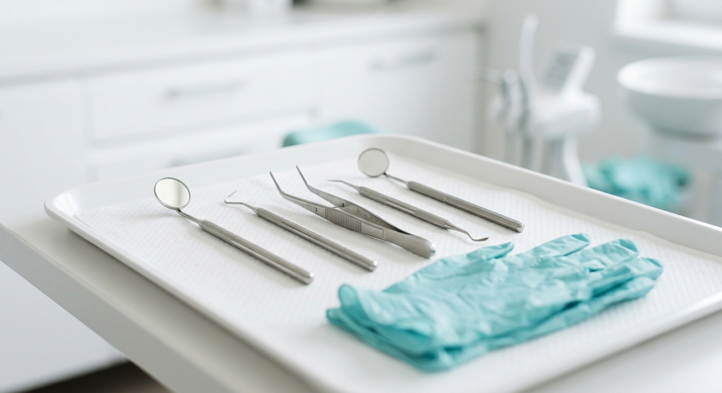 Instrumentos dentales limpios y esterilizados sobre bandeja