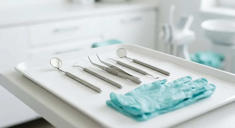 Instrumentos dentales limpios y esterilizados sobre bandeja