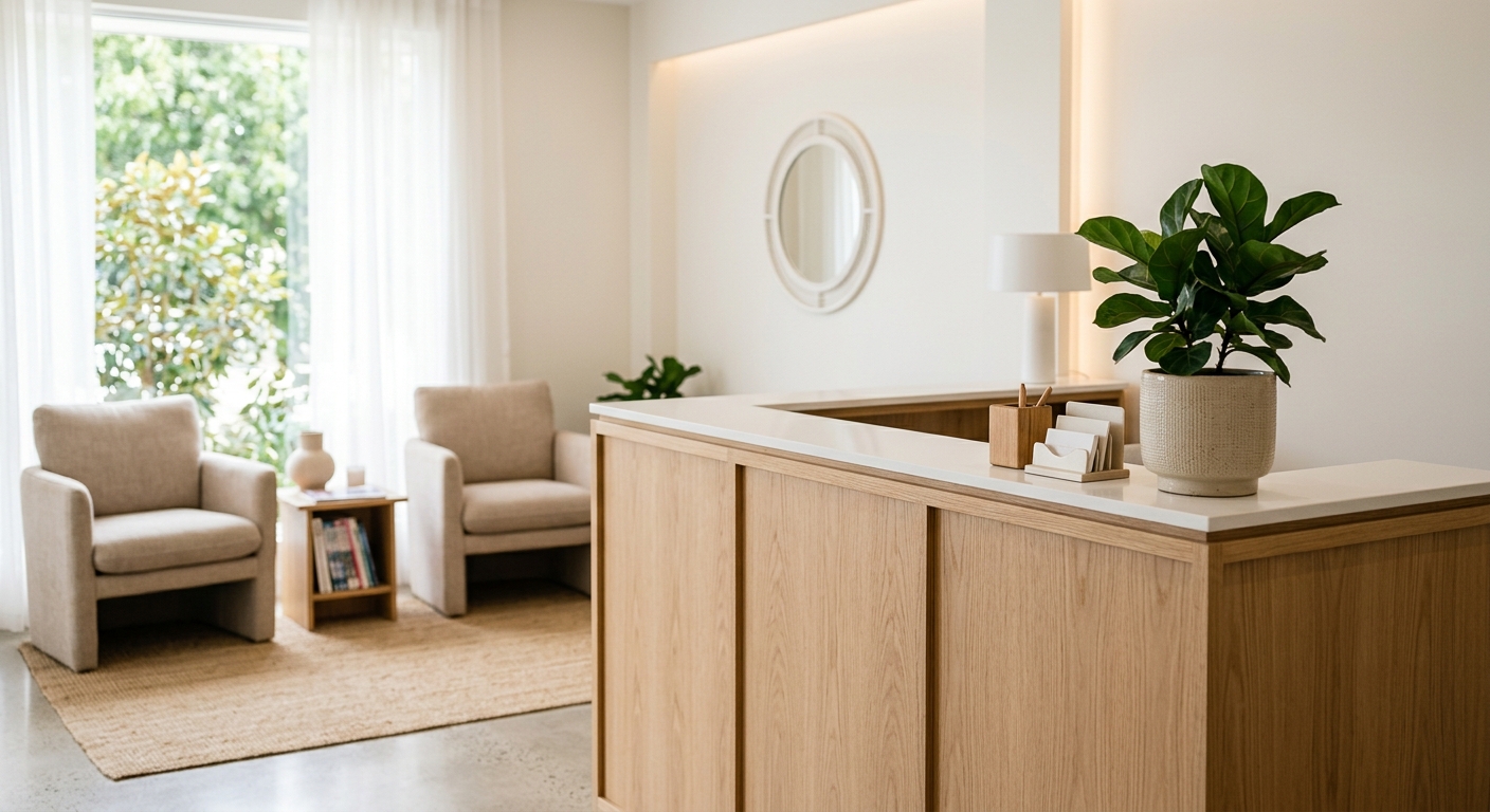 Recepción cálida del consultorio con madera clara y plantas